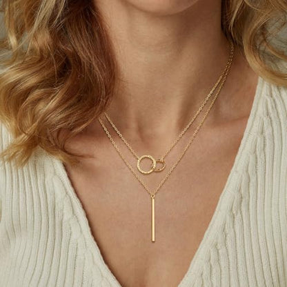 Layered Gold Silver Necklaces for Women, Stackable Stack 14K Real Gold Plated Silver Chain Necklace Diamond Circle CZ Layering Pendant Necklaces Trendy Gold Jewelry Set Gifts - color: gold, style: 2PC-Double cicle