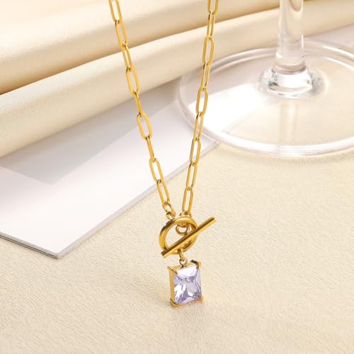 Diamond Necklaces for Women Natural Stone Paperclip Toggle Necklace 14K Gold Plated Emerald Birthstone Necklace for Women Paper Clip Chain Blue Green Cubic Zirconia Pendant Birthday Gifts for Women Mother Jewelry - color: 06. June(Alexandrite)