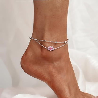 Anklet for Women S925 Sterling Silver Adjustable Foot Charm Ankle Bracelet Anklets Jewelry 9.5-10.5 Inches - color: Yoga Lotus（Pink)