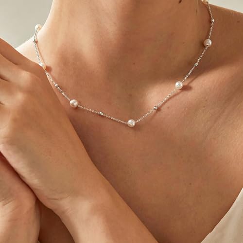 Pearl Necklace for Women, Dainty Pearls Choker Necklace for Women 14K Gold Plated Layered Pendant Necklace Handmade Gold Chain Necklace Everyday Jewelry Gift - color: Bead Pearl-Silver