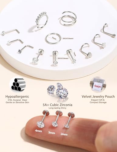 JeryWe Nose Rings for Women - 14K Gold Filled Hypoallergenic Surgical Steel Nose Ring Hoops CZ Lip Ring Screw L Shaped Studs Threadless Flat Back Stud Nose Piercings Jewelry for Women Men - style: Steel-AB CZ