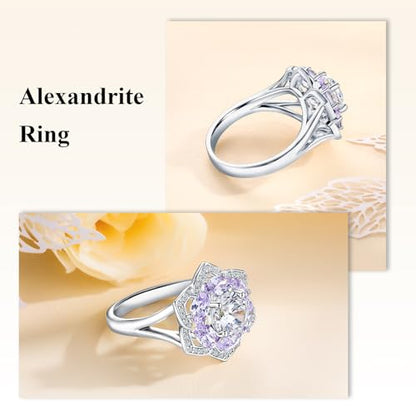 Flower Cocktail Ring for Women Stone Engagement Anniversary Rings | Sterling Silve|Hypoallergenic|Ruby|Sapphire|Emerald|Wedding and Birthday Party Women Statement Ring|Mother and Grandma Gift - color: Alexandrite (June)