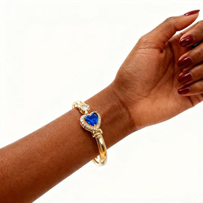 Gold Bracelets For Women, Emerald Sapphire Cuff Bracelet 14k Gold Plated With Simulated Diamond Trendy Open Bangle Gifts For Mom Gifts For Her - color: Blue Heart Gold