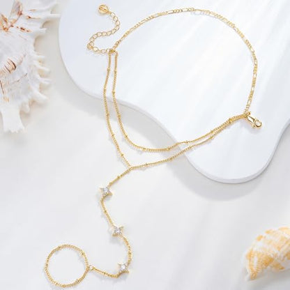 Cicy Bell Hand Chain Bracelets for Women 18K Gold Plated | Layered Stackable Dainty Ring Bracelets, Adjustable Satellite Bead Dot Link Finger Bracelets - color: Style K-Gold