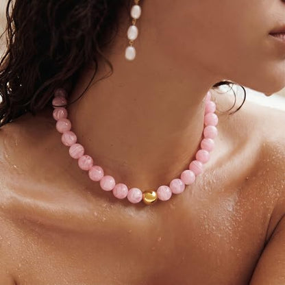 Multicolor Chunky Beaded Necklace, Statement Colorful Round Ball Beads Choker Necklace with Gold-Tone Adjustable Chain, Fashion Bold Neck Jewelry for Women - color: 16mm-Pink
