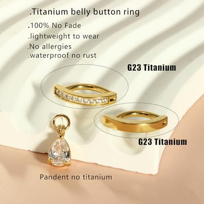 TIANCI FBYJS 3pcs G23 Titanium Pink Belly Button Rings Internally Threaded 10mm Clicker Reverse Curved Hoop Navel Barbell Piercing Jewelry CZ Belly Rings for Women Men - color: gold set5