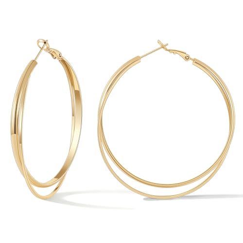 Gacimy Criss Cross Hoop Earrings for Women, 14K Gold Plated Hoops | Hypoallergenic 3mm Wide Double Layer Crossover Hoop Earrings with Lightweight Statement Design, Fashion Gift for Women - color: Gold, size: 50mm