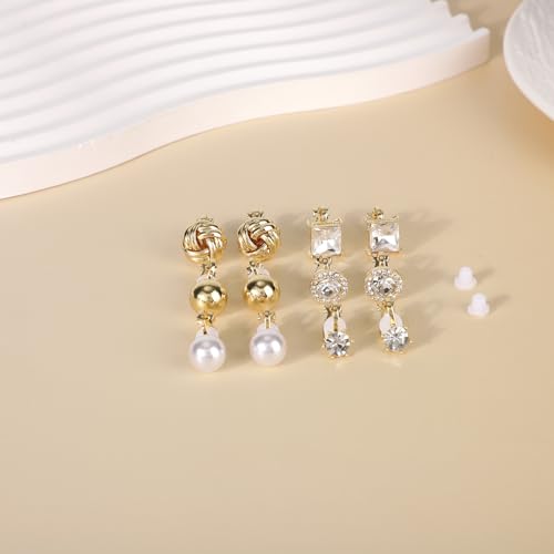 Mikovivi 10 Pairs Gold-Tone Clip On Earrings for Women, Non Pierced No Piercing Ear Clips with Knot CZ & Pearl Twist Design Chunky Hoop Studs Clip Earrings for Women Daily Work or Party Jewelry Gift