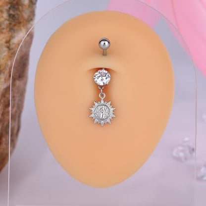 B BodyPJ Sparkles 14G Religious Belly Button Ring with Crystal Cross and Religious Charms, Stainless Steel - style: Type E,Silver