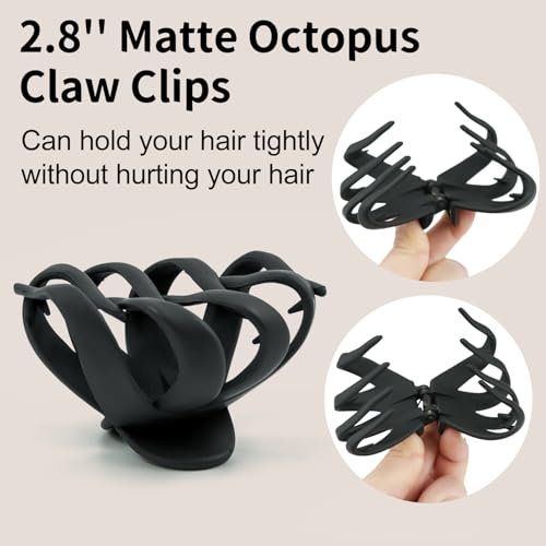 2.8 Inch Medium Octopus Hair Clips for Women, Black Matte Hair Claw Clips for Thin Fine Hair, Strong Hold Non-slip Spider Hairclips Jaw Clip - color: Black