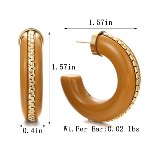 Gold Plated Resin Chunky Hoop Earrings Hypoallergenic Push Back Hoops for Sensitive Ears - color: Caramel