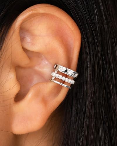 Ear Cuff for Women, 14K Gold/White Gold Plated Ear Cuffs Non Piercing Hypoallergenic Jewelry Gift - color: triple stack silver