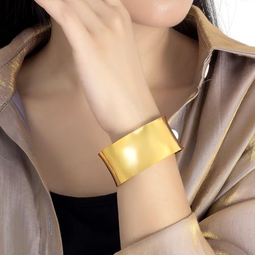 Dankadi Women 925 Sterling Silver Curved Bangle 30MM Wide Grooved Cuff Bangle Shiny Punk Open Bracelet Adjustable Plated 24k Gold/Rose Gold Jewelry Gift - color: Gold
