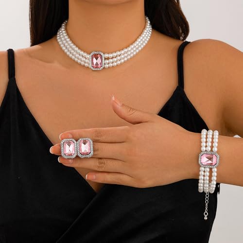 Wekicic Faux Pearl Necklace Earrings Set for Women Crystal Pearl Choker Necklace Bracelet Set 1920s Jewelry for Wedding Party - color: Pink