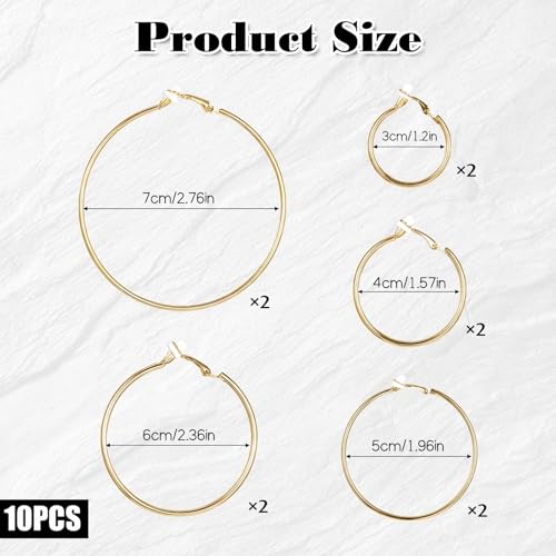 5 Pairs Stainless Steel Clip on Earrings Hoop Stylish Simple Hoop Earrings 30/40/50/60/70mm for Women Thin Lightweight Dangle Set,(Gold)