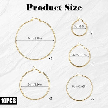 5 Pairs Stainless Steel Clip on Earrings Hoop Stylish Simple Hoop Earrings 30/40/50/60/70mm for Women Thin Lightweight Dangle Set,(Gold)