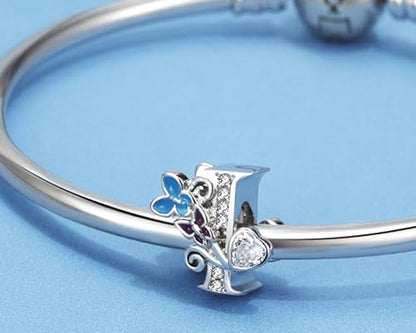S925 Silver Butterfly Initial Letter Charms Fit for Pandora Charms Bracelets and Necklace Alphabet Bead Charms Jewelry Gifts for Women - color: I
