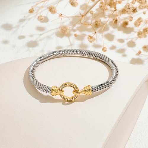 WOWORAMA Twisted Cable Wire Bracelets Two Tone Bangle Bracelet for Women | Stainless Steel, Unisex Gold Silver Bracelet, Mixed Metal Chunky Bangles Jewelry - color: Silver Circle