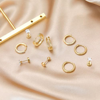 Stainless Steel Stud Earrings Set for Women Hypoallergenic Flat Back Cartilage Earrings Screw Back Huggie Hoop Earrings Multiple Piercing Cubic Zirconia Helix Tragus Jewelry - color: Set-C-14K Gold Plated