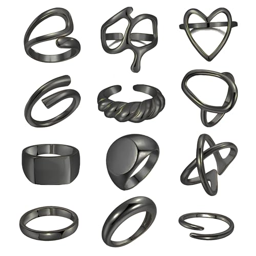 FAXHION 12PCS Gold Stackable Rings Set for Women, 18K Gold Plated Open Stacking Knuckle Ring, Adjustable Chunky Signet Band Statement Ring for Gift - color: 1-ringsBlack