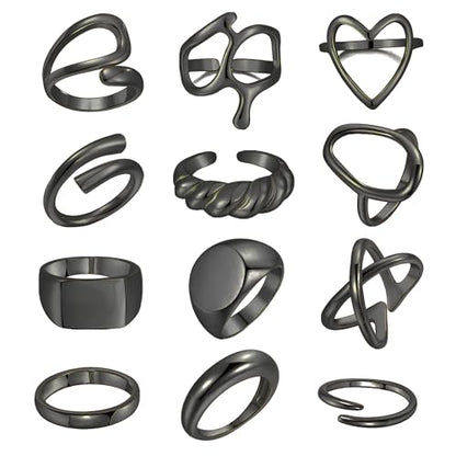 FAXHION 12PCS Gold Stackable Rings Set for Women, 18K Gold Plated Open Stacking Knuckle Ring, Adjustable Chunky Signet Band Statement Ring for Gift - color: 1-ringsBlack