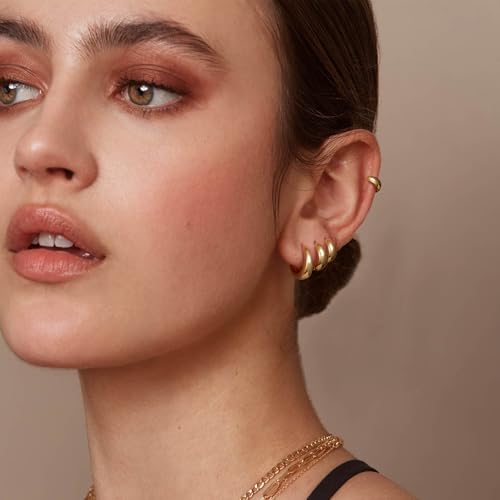 Small Chunky Hoop Earrings for Women, 14K Plated Huggie Stack | Chunky Hoop Stud Earrings Stackable, Lightweight Huggie Cartilage Ear for Multiple Piercing Jewelry Gift for Daily Wear - style: 4 Pairs-Gold