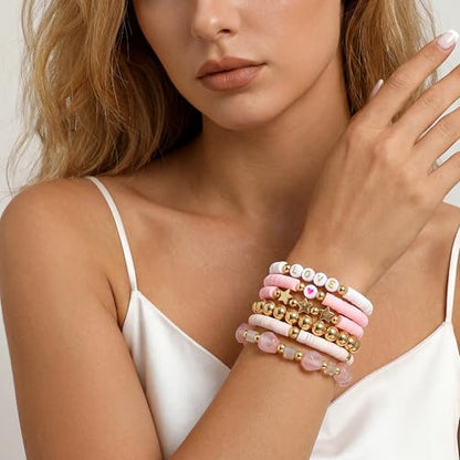 Summer Surfer Heishi Bracelet Set for Women Stackable Gold Plated Clay Ploymer Bead Stretch Pink Beach Layering Bracelets Jewelry - color: B-A6 plastic 6pcs