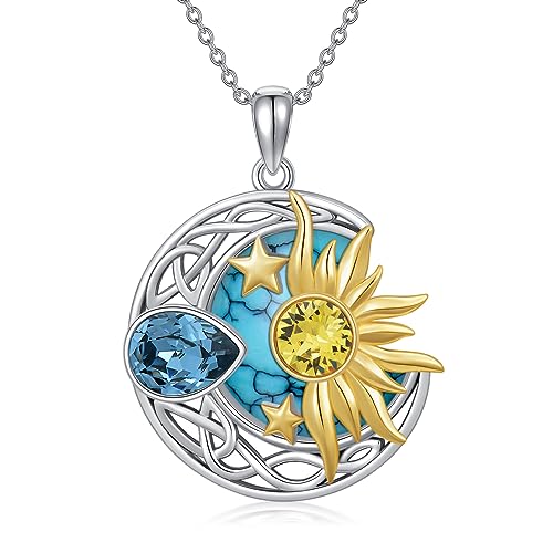 AOBOCO 925 Sterling Silver Moon Sun Star Necklace Celtic Jewelry for Women Girls - color: Silver&Gold&Turquoise