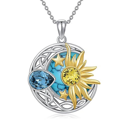AOBOCO 925 Sterling Silver Moon Sun Star Necklace Celtic Jewelry for Women Girls - color: Silver&Gold&Turquoise