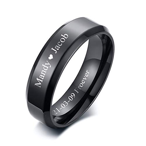 VNOX Customize Personalized Name Date Stainless Steel Simple Polished Finish Wedding Band Engagement Rings for Men Women,Size 6 - color: 6MM-Black-Customize