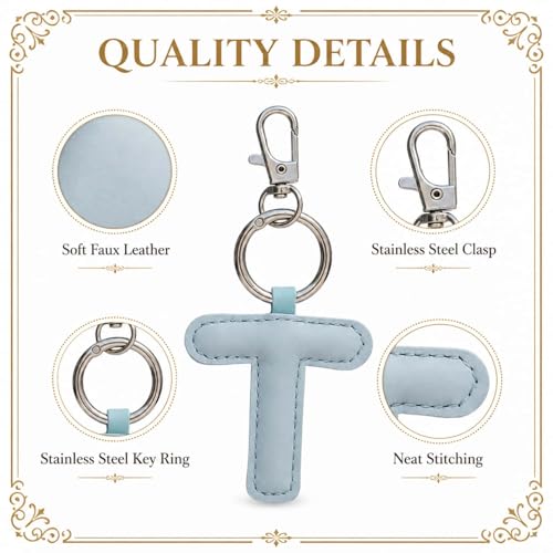 Initial Letter Keychain,Stainless Steel,Colorful Faux Leather Keyring for Backpack,Purse,Car Keys,Gift for Men Women - color: T