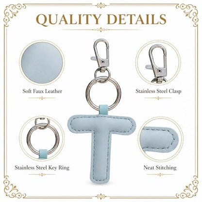 Initial Letter Keychain,Stainless Steel,Colorful Faux Leather Keyring for Backpack,Purse,Car Keys,Gift for Men Women - color: T