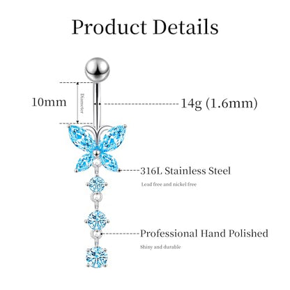 LEE&RO Belly Button Ring Dangle Stainless Steel Belly Rings 14G Belly Button Piercing Cute Navel Ring Belly Piercing Jewelry - style: Shiny-Blue