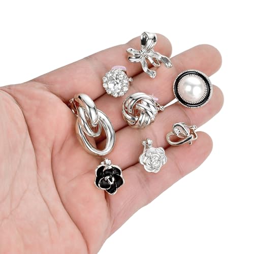 Tornito 10-15 Pairs Clip on Stud Earrings Non Pierced Teardrop Round Square CZ Pearl Twist Knot Flower Butterfly Heart Star Rainbow Cat Opal Clip on Earrings for Women - color: L:10 Pairs Silver Tone