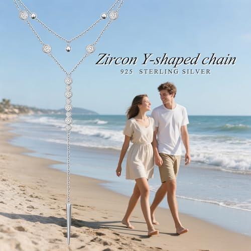 Sterling Silver Dainty Bead Layered Long Lariat Choker Necklaces for Women Boho - style: Two-Piece