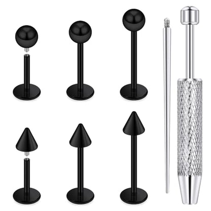 Internally Threaded Labret Studs 18G 16G 14G Surgical Steel Lip Piercing Jewelry with Claw Tool Monroe Snake Bite Jewelry Flat Back Barbell for Women Men Plus Piercing Ball Grabber Tool - color: black, size: 16g,ball+spike end