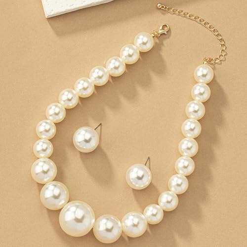 Large Beaded Pearl Necklaces Earrings Set for Women Fashion Prom Party Round Balls Bead Pearls Jewelry Set White Big Chunky Necklace Ball Earring Gift
