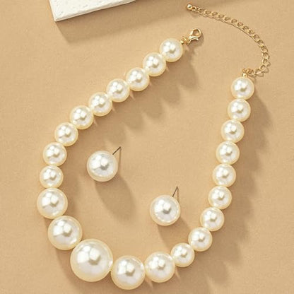 Large Beaded Pearl Necklaces Earrings Set for Women Fashion Prom Party Round Balls Bead Pearls Jewelry Set White Big Chunky Necklace Ball Earring Gift