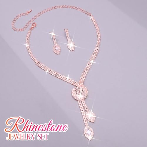 Unicra Silver Rhinestone Bridal Wedding Jewelry Set Crystal Necklace Earrings Sets Formal Prom Costume Jewelry Sets for Women and Brides - color: Pink