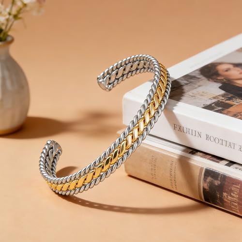 Gold and Silver Bracelets for Women Two Tone Braided Cuff Bangle Mixed Metal Statement Bracelet Fashion Jewelry