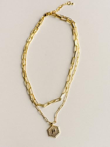 Layered Initial Necklace for Women | Gold Plated Paperclip Chain with Sunburst Hexagon Letter Pendant | Double Layer Alphabet Necklace | Personalized Minimalist Jewelry Gift - color: H