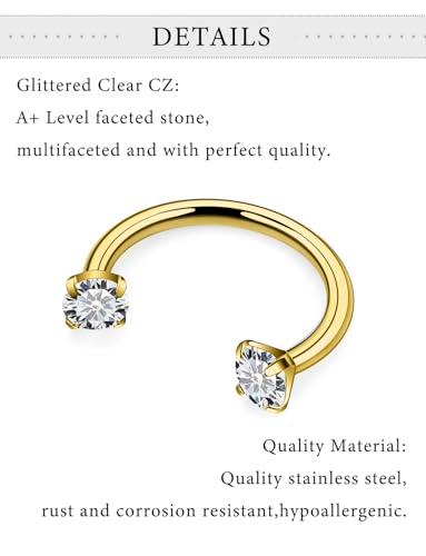 Horseshoe Nose Ring Surgical Steel Double Stud Nose Ring 16g Lip Rings Cubic Zirconia Daith Piercing Jewelry for Women Inner Diameter 6/8/10/12mm - color: 16g,inner DIA.6/8/10/12mm,goldtone