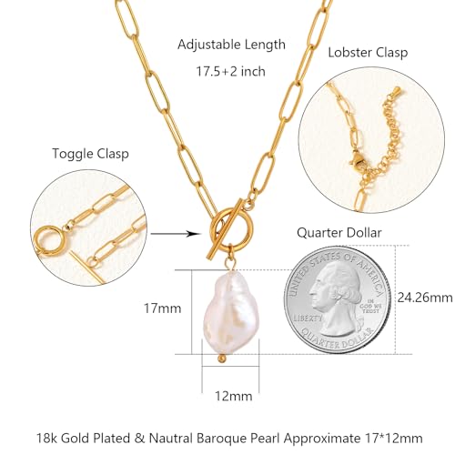 Natural Baroque Pearl/Gemstone Toggle Paperclip Pendant Necklace 18K Gold Plated Oval Natural Stone Jewelry Gift for Women