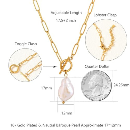 Natural Baroque Pearl/Gemstone Toggle Paperclip Pendant Necklace 18K Gold Plated Oval Natural Stone Jewelry Gift for Women