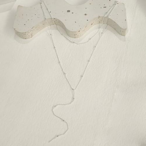 HERIER Lariat Gold Necklace for Women, Dainty Long Necklace 14k Gold Plated/Silver Y-Shaped Layered Beaded Chain Drop Necklaces for Women Trendy Simple Gold Jewelry for Women Gifts - color: Y Layered Bead Necklace-Silver