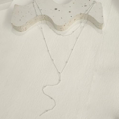 HERIER Lariat Gold Necklace for Women, Dainty Long Necklace 14k Gold Plated/Silver Y-Shaped Layered Beaded Chain Drop Necklaces for Women Trendy Simple Gold Jewelry for Women Gifts - color: Y Layered Bead Necklace-Silver