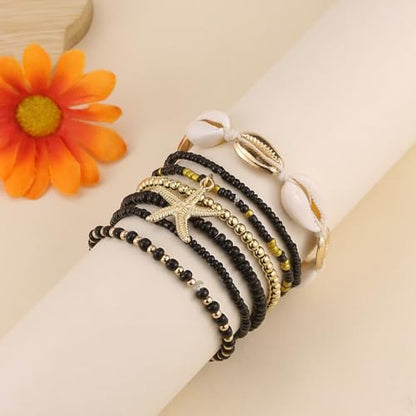 Bohemian Starfish Bracelets for Women - Adjustable Stackable Beach Bracelets, Handmade Stretchy Beaded Summer Jewelry, Perfect for Surf & Waterproof Fun - color: Black