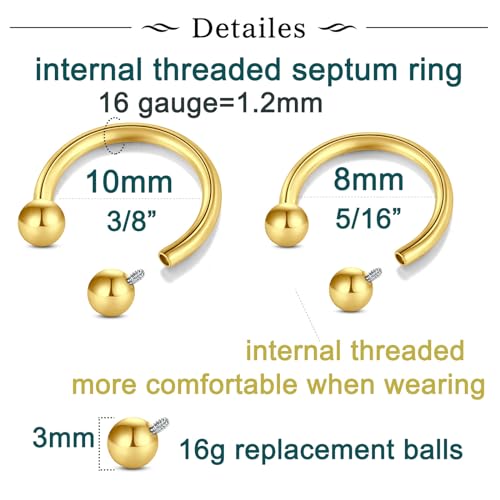 Longita Internally Threaded Septum Ring Silver Black Gold Septum Rings 16G Septum Piercing Surgical Steel Septum Jewelry Septum Nose Rings 16 Gauge Small Septum Ring Horseshoe with Replacement Balls - color: B3-gold-8+10mm