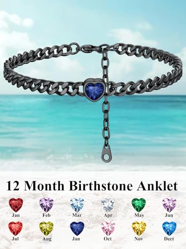 ChainsHouse Cuban Chain Anklets for Women with Heart Birthstone Jan - Dec | Stainless Steel Black Link Chain Ankle Bracelet with Birthstone, Beach Women Anklet 22cm-27cm Adjustable, with Gift Box - color: 09. Sep.-Sapphire-Black