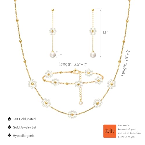 Zeffy Gold Pearl Necklace for Women, Dainty 14K Gold/Silve Plated Layered Pearl Choker Pearl Earrings Pearl Bracelets Wedding Trendy Gold Jewelry Set for Women Gifts - style: Gold Daisy Pearl Necklace&Drop Earrings&Bracelet-3PCS